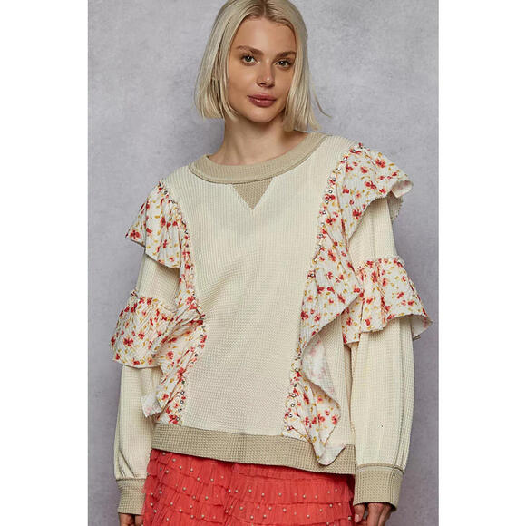 POL Sweaters - Round Neck Sweater with Floral Ruffle Detail